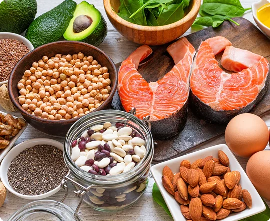 salmon, avocado, nuts, seeds, and legumes.
