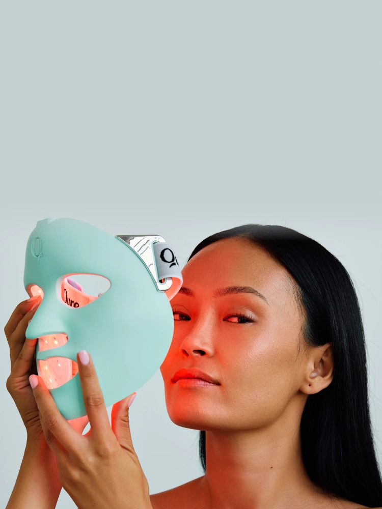LED light therapy mask on woman - Our Story banner (mobile)